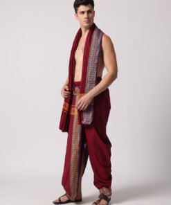 Alternative view of Men’s Cotton Loose Fit Devotional Panchakacham & Angavastram (Maroon)