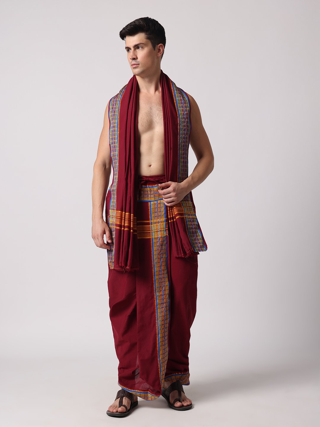 Men’s Cotton Loose Fit Devotional Panchakacham & Angavastram (Maroon)
