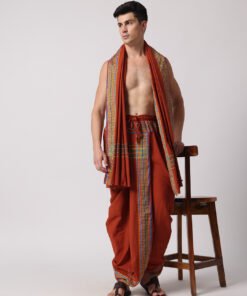 Men’s Cotton Loose Fit Devotional Panchakacham & Angavastram (Rust Orange)