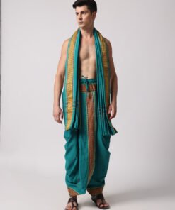 Men’s Cotton Loose Fit Devotional Panchakacham & Angavastram (Teal Green)