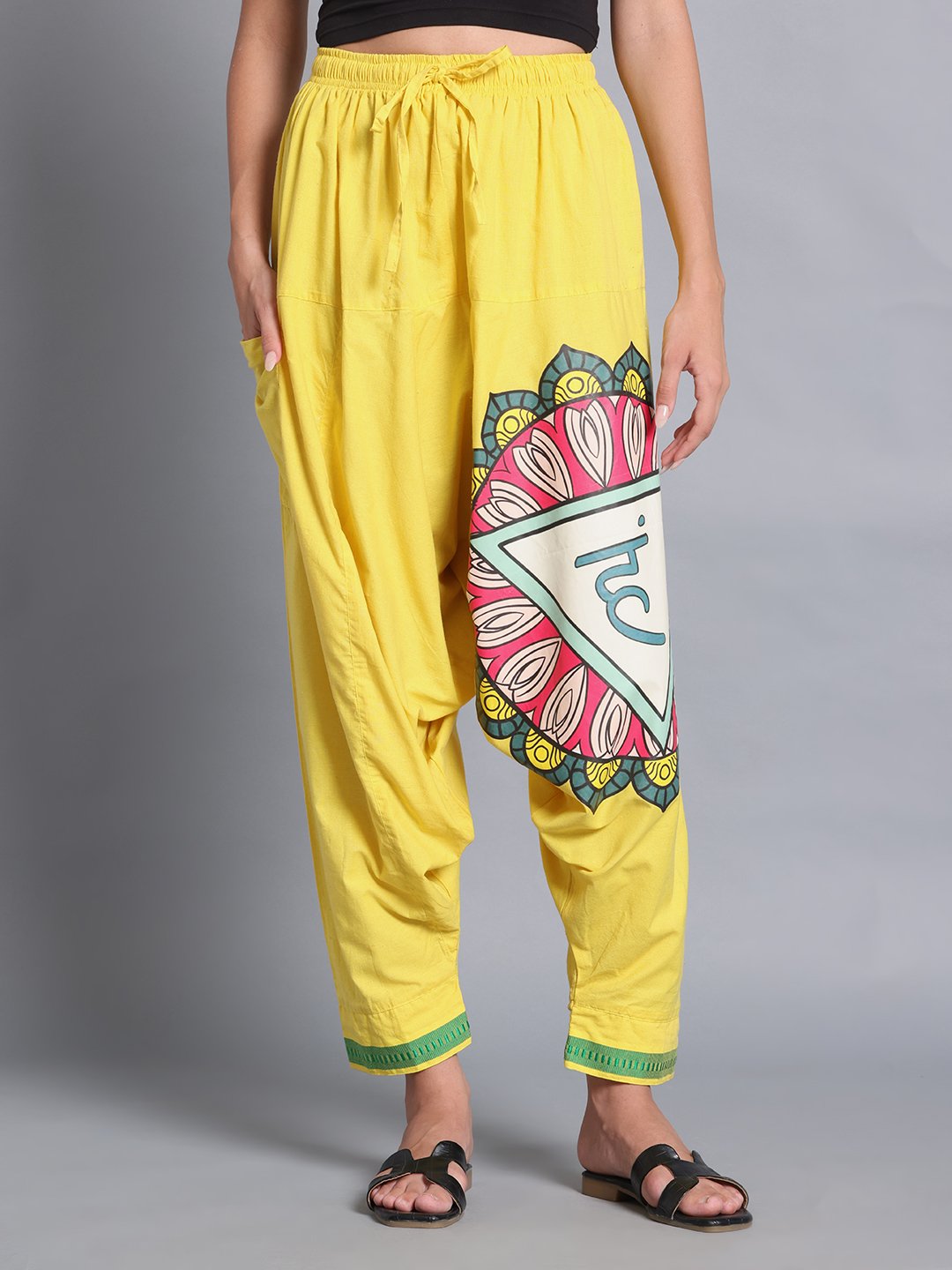 Women’s Cotton Loose Fit Harem Pants (Yellow / Green) - Image 3