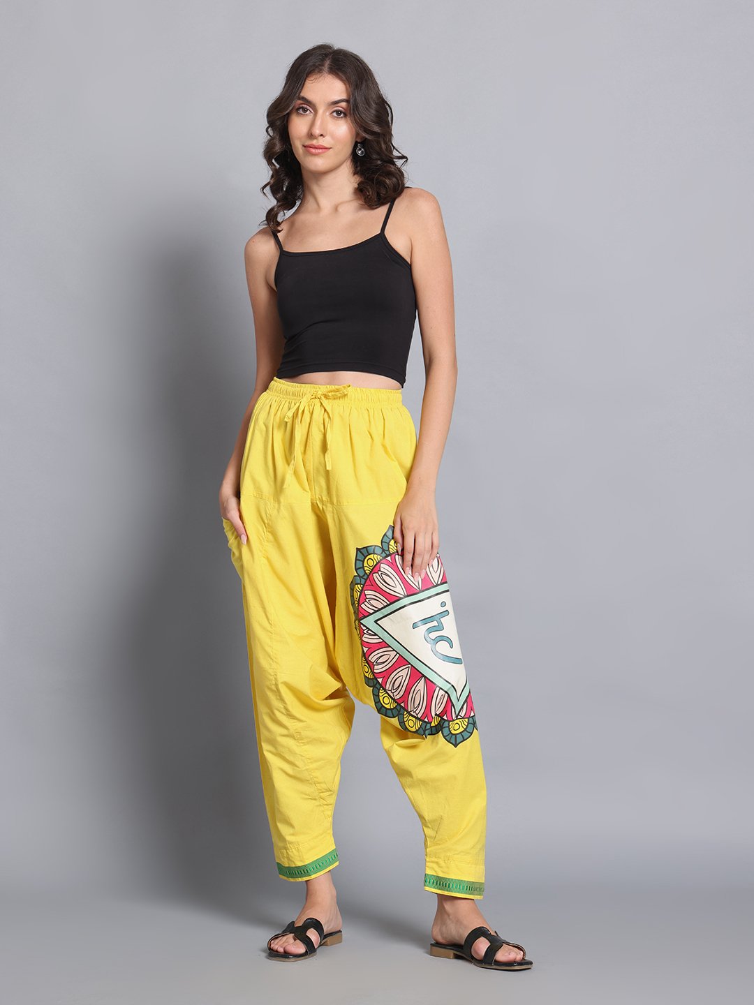 Women’s Cotton Loose Fit Harem Pants (Yellow / Green) - Image 2