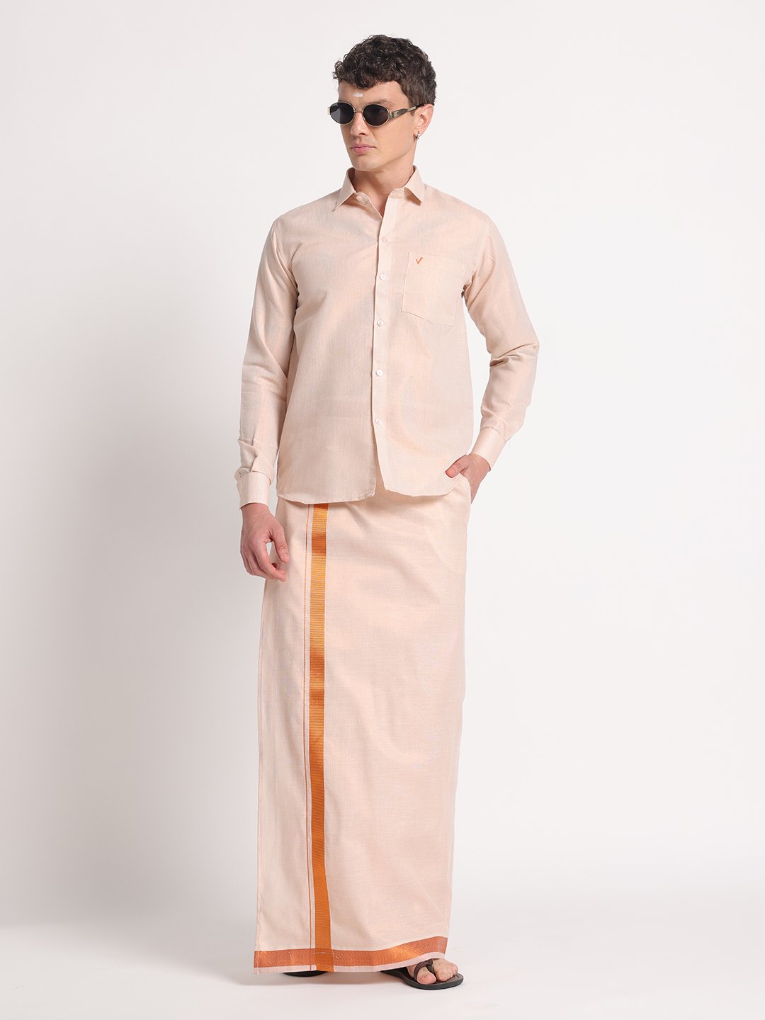 Men’s Cotton-Lurex Shirt & Dhoti Set (Copper)