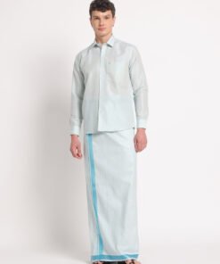 Men’s Cotton-Lurex Shirt & Dhoti Set (Cyan Blue)
