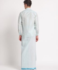 Alternative view of Men’s Cotton-Lurex Shirt & Dhoti Set (Cyan Blue)