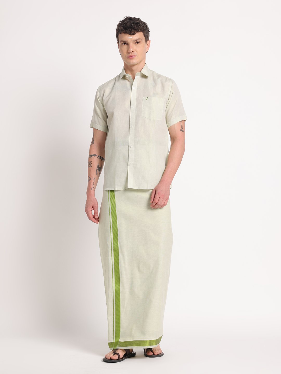 Men’s Cotton-Lurex Shirt & Dhoti Set (Moss Green)