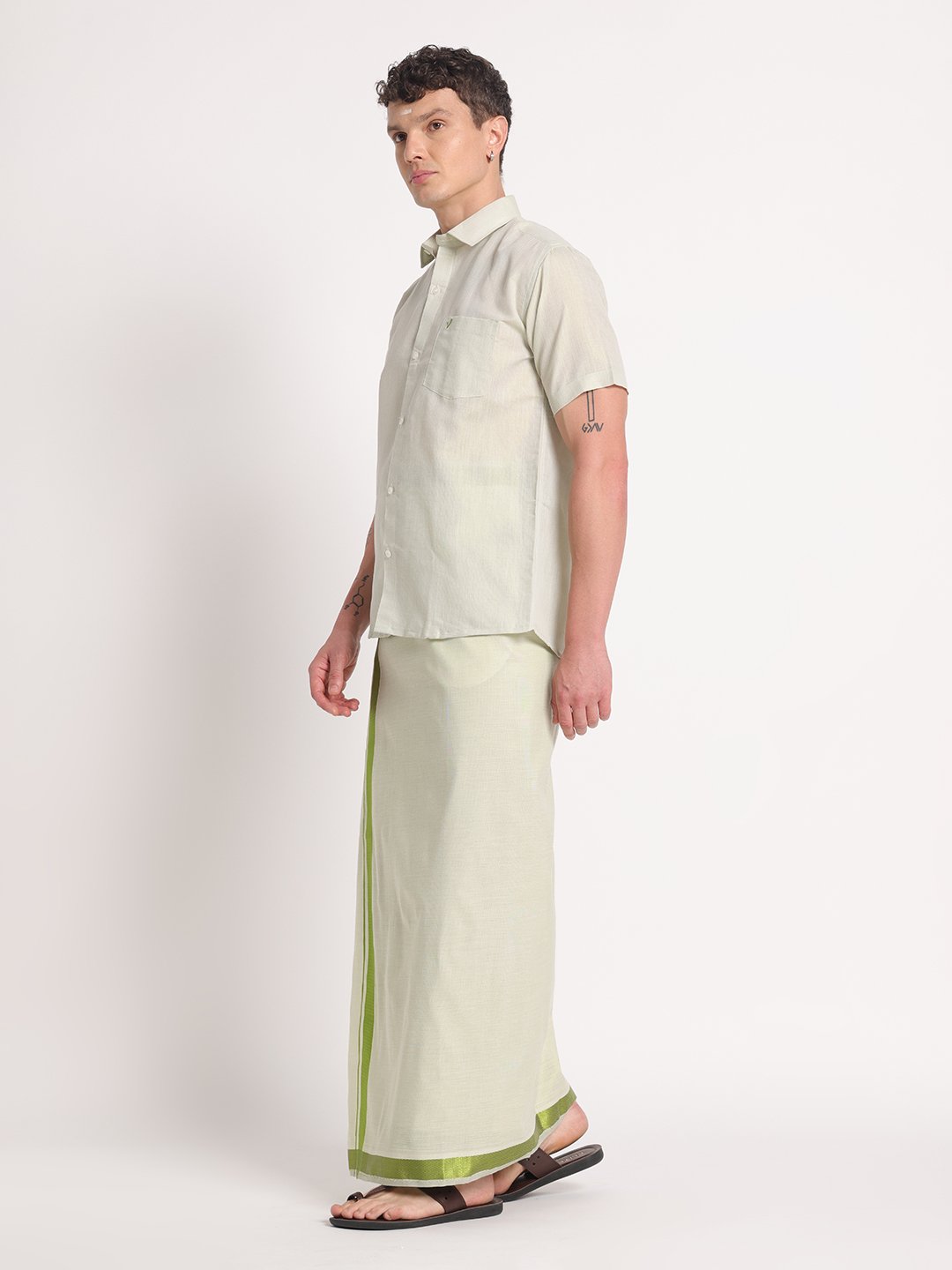 Men’s Cotton-Lurex Shirt & Dhoti Set (Moss Green) - Image 2