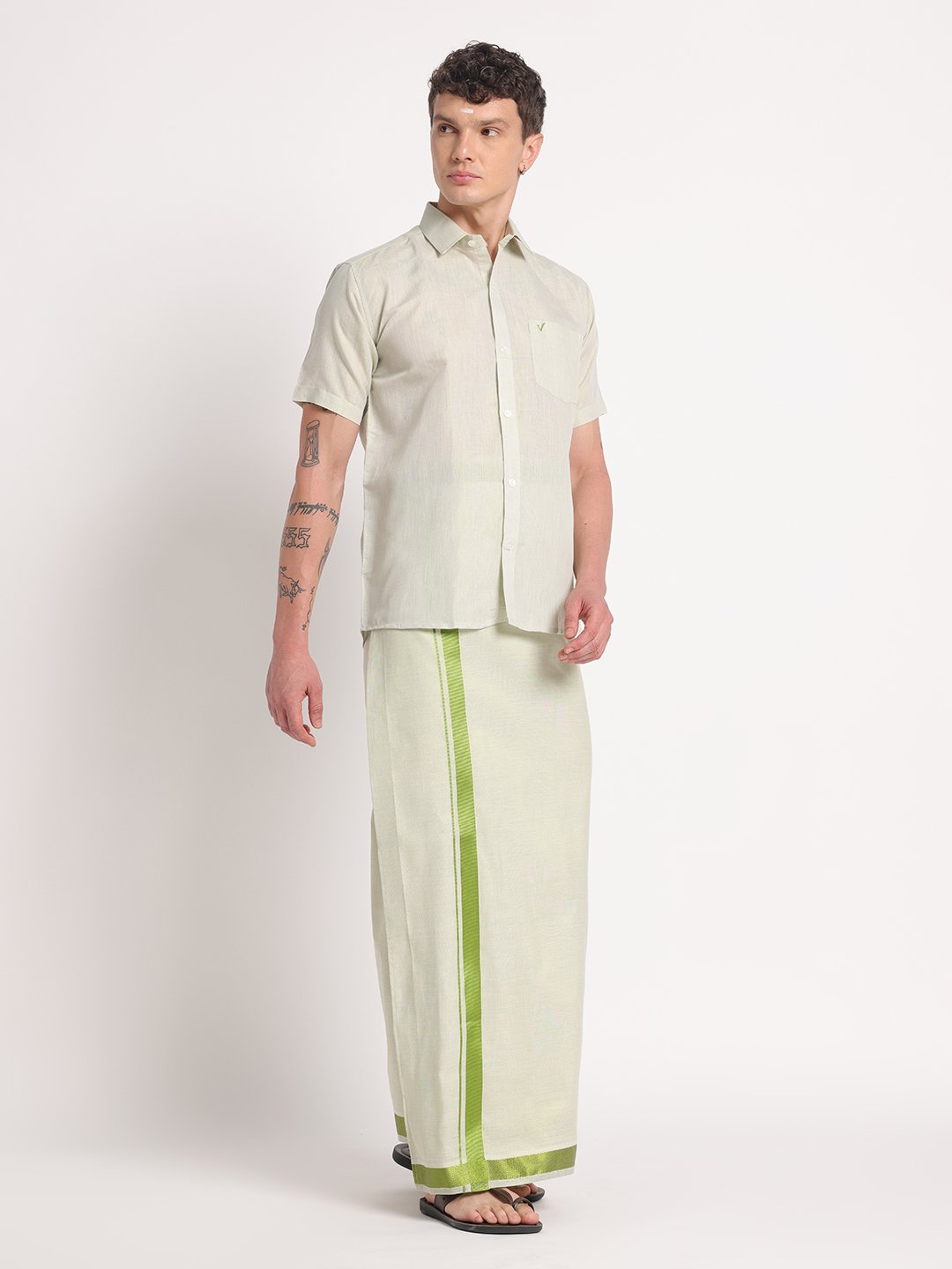 Men’s Cotton-Lurex Shirt & Dhoti Set (Moss Green) - Image 3