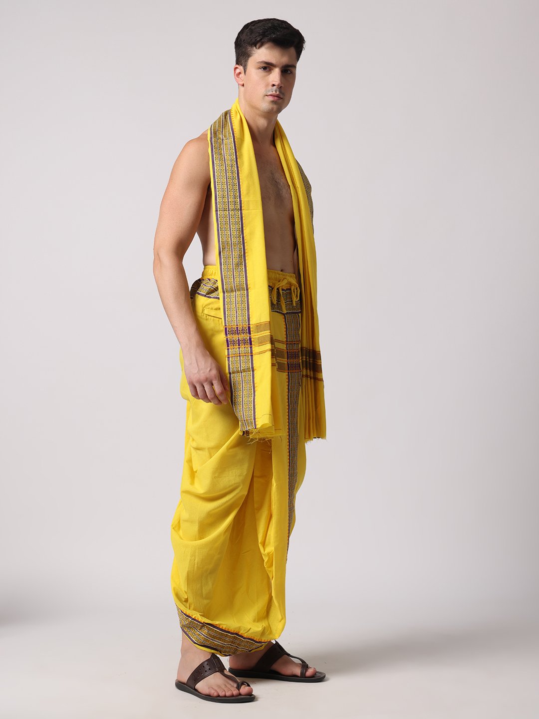 Men’s Cotton Loose Fit Devotional Panchakacham & Angavastram (Yellow) - Image 5