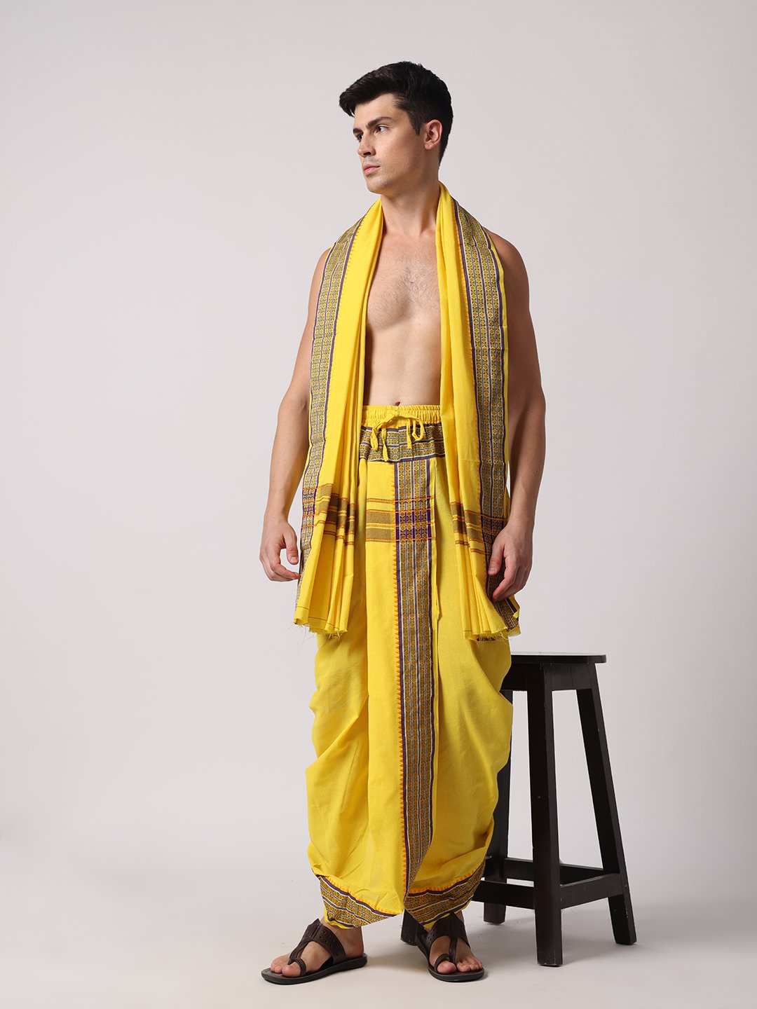 Men’s Cotton Loose Fit Devotional Panchakacham & Angavastram (Yellow)