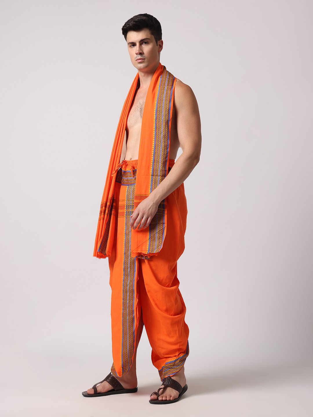 Men’s Cotton Loose Fit Devotional Panchakacham & Angavastram (Bright Orange)
