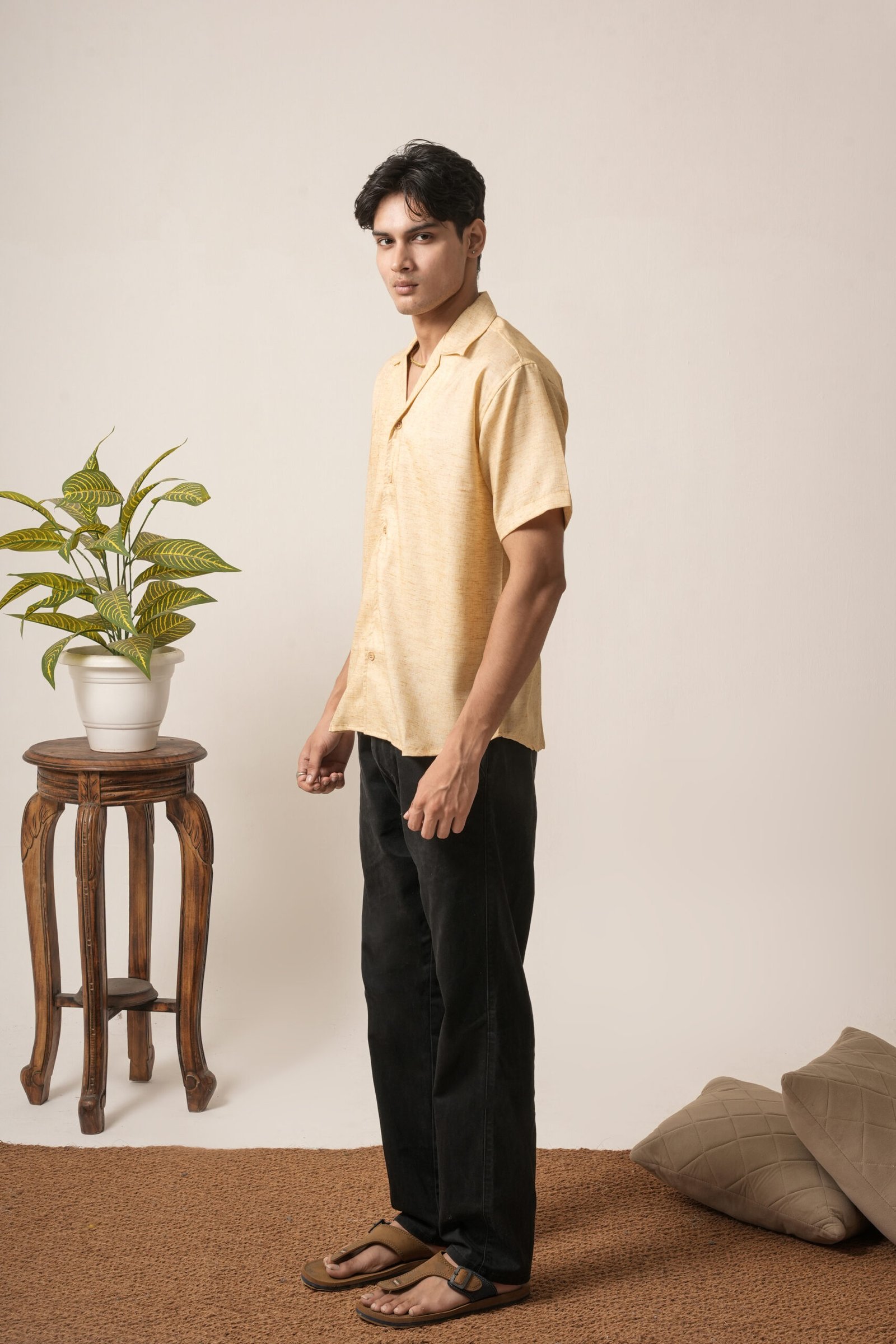 Men's Linen Oversized Plain Shirt (Cream) - Image 2