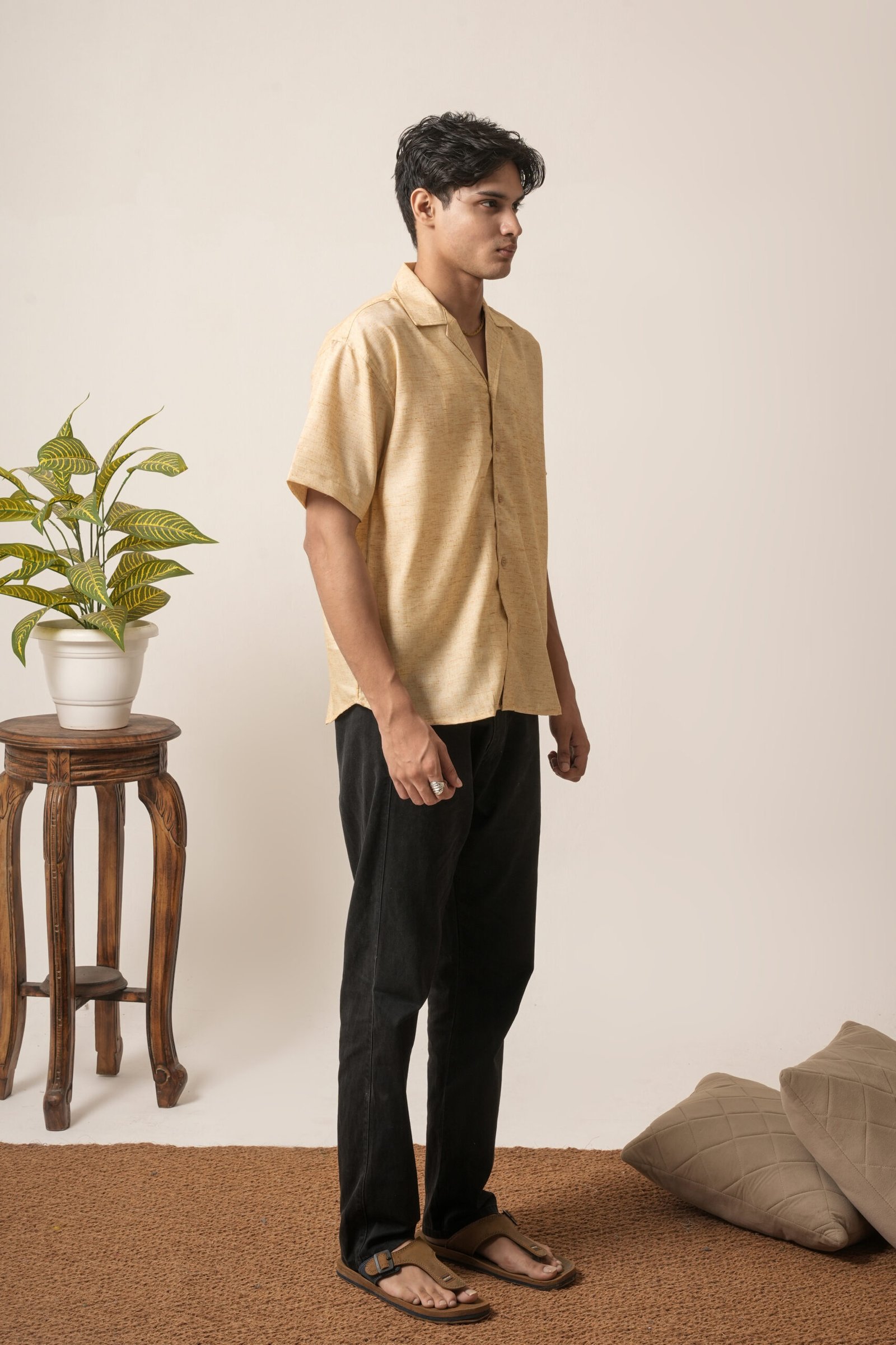 Men's Linen Oversized Plain Shirt (Cream) - Image 3