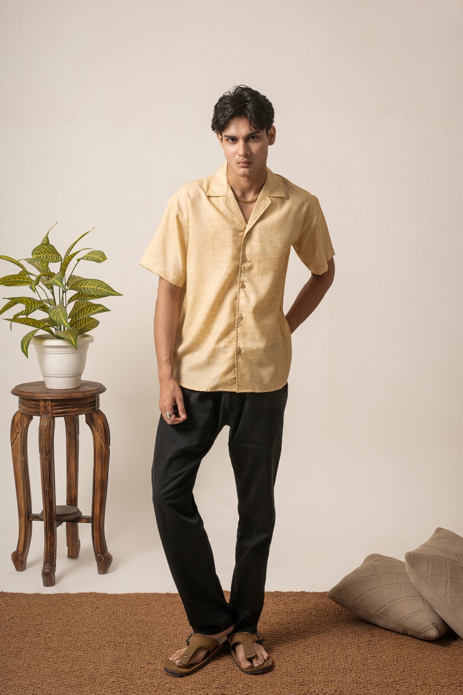 Men's Linen Oversized Plain Shirt (Cream) - Image 5