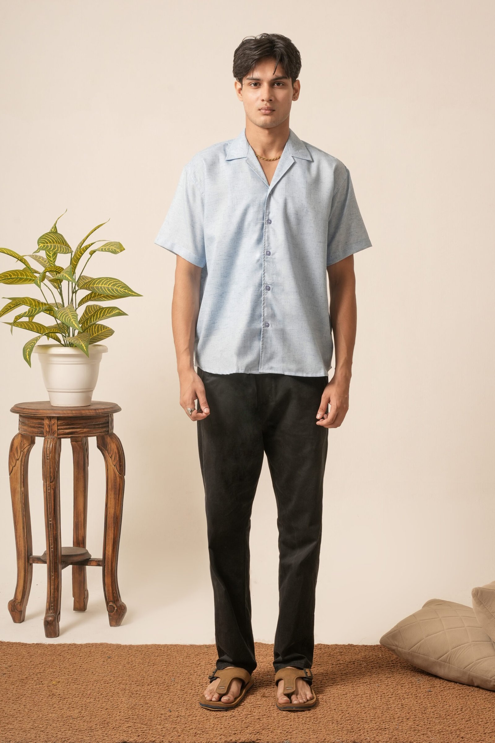 Men's Linen Oversized Plain Shirt (Light Blue)