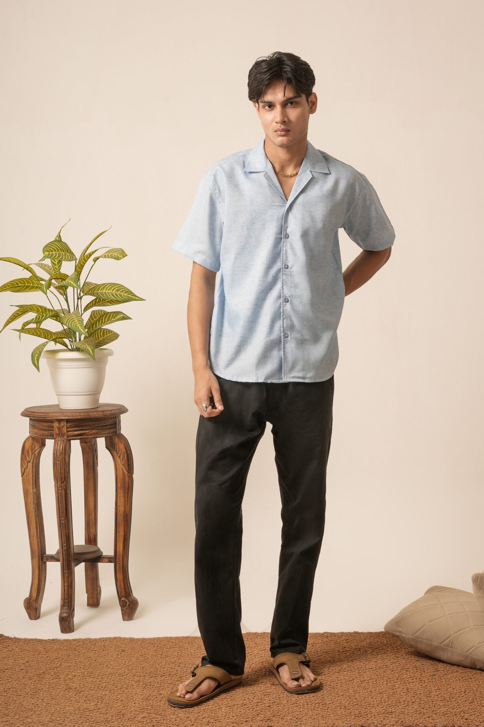 Men's Linen Oversized Plain Shirt (Light Blue) - Image 4