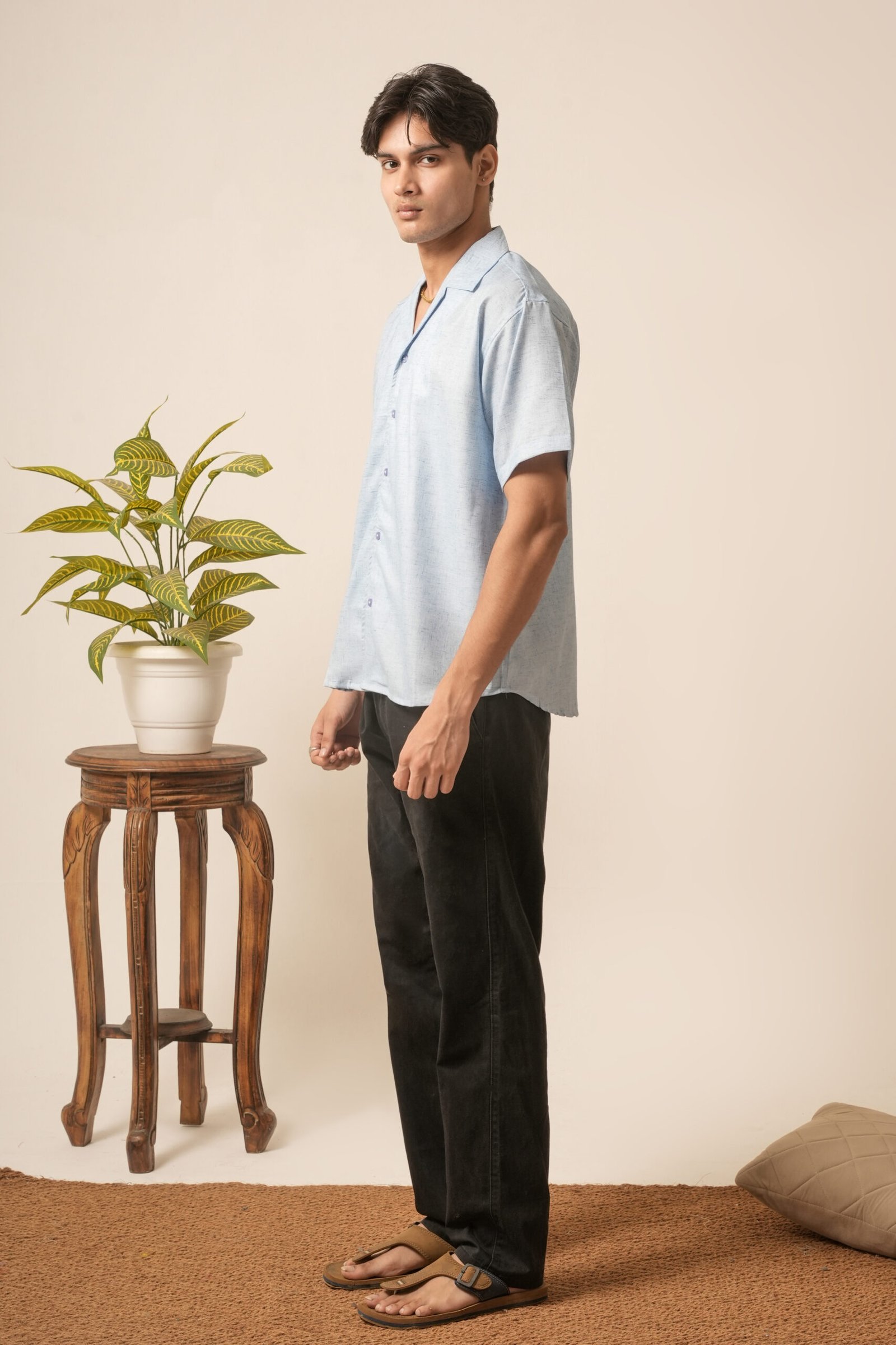 Men's Linen Oversized Plain Shirt (Light Blue) - Image 2