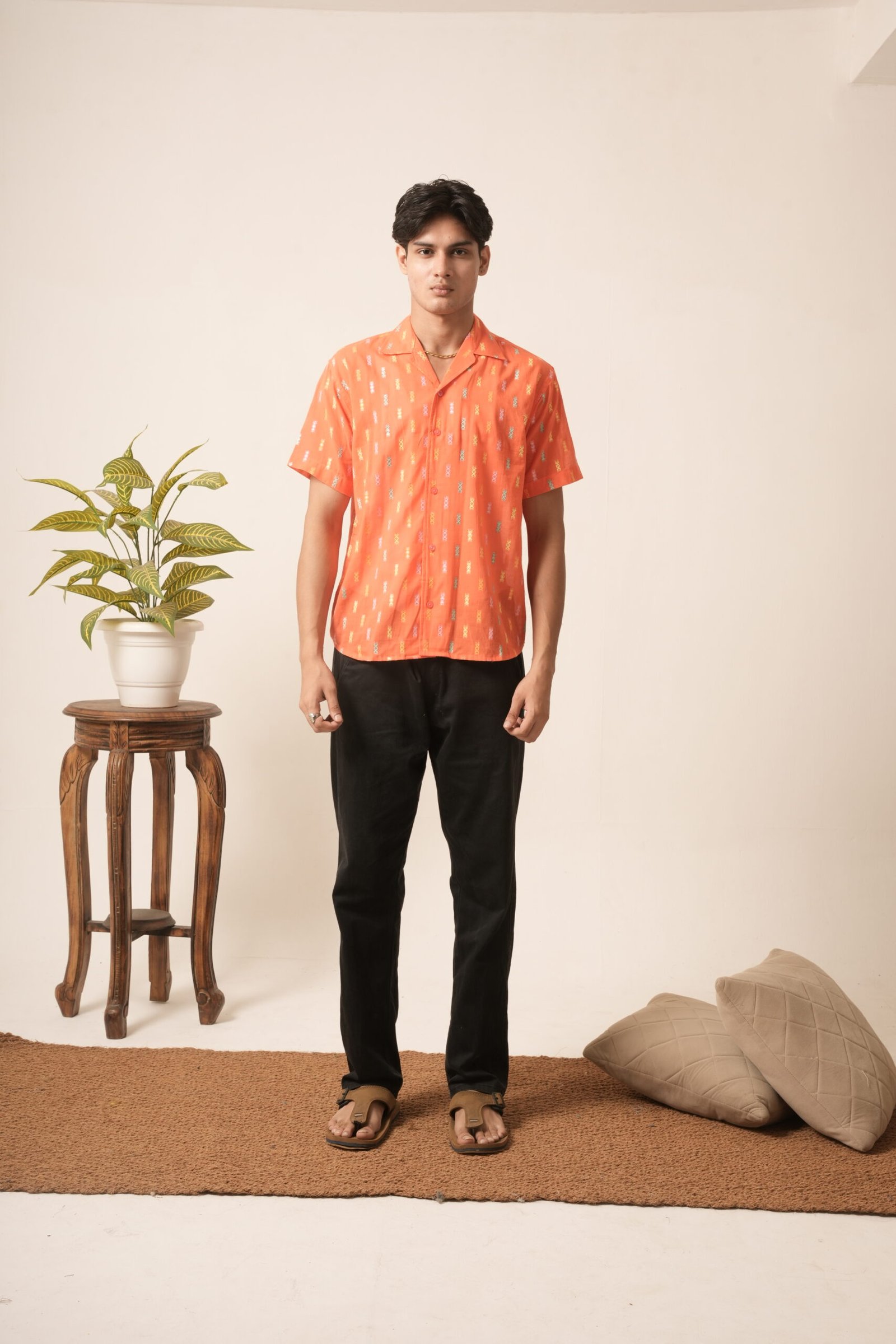 Men's Cotton Oversized Embroidery Shirt (Orange)