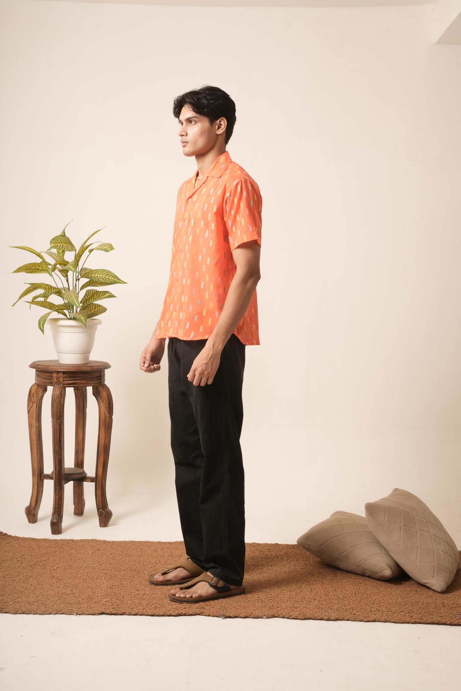 Men's Cotton Oversized Embroidery Shirt (Orange) - Image 3
