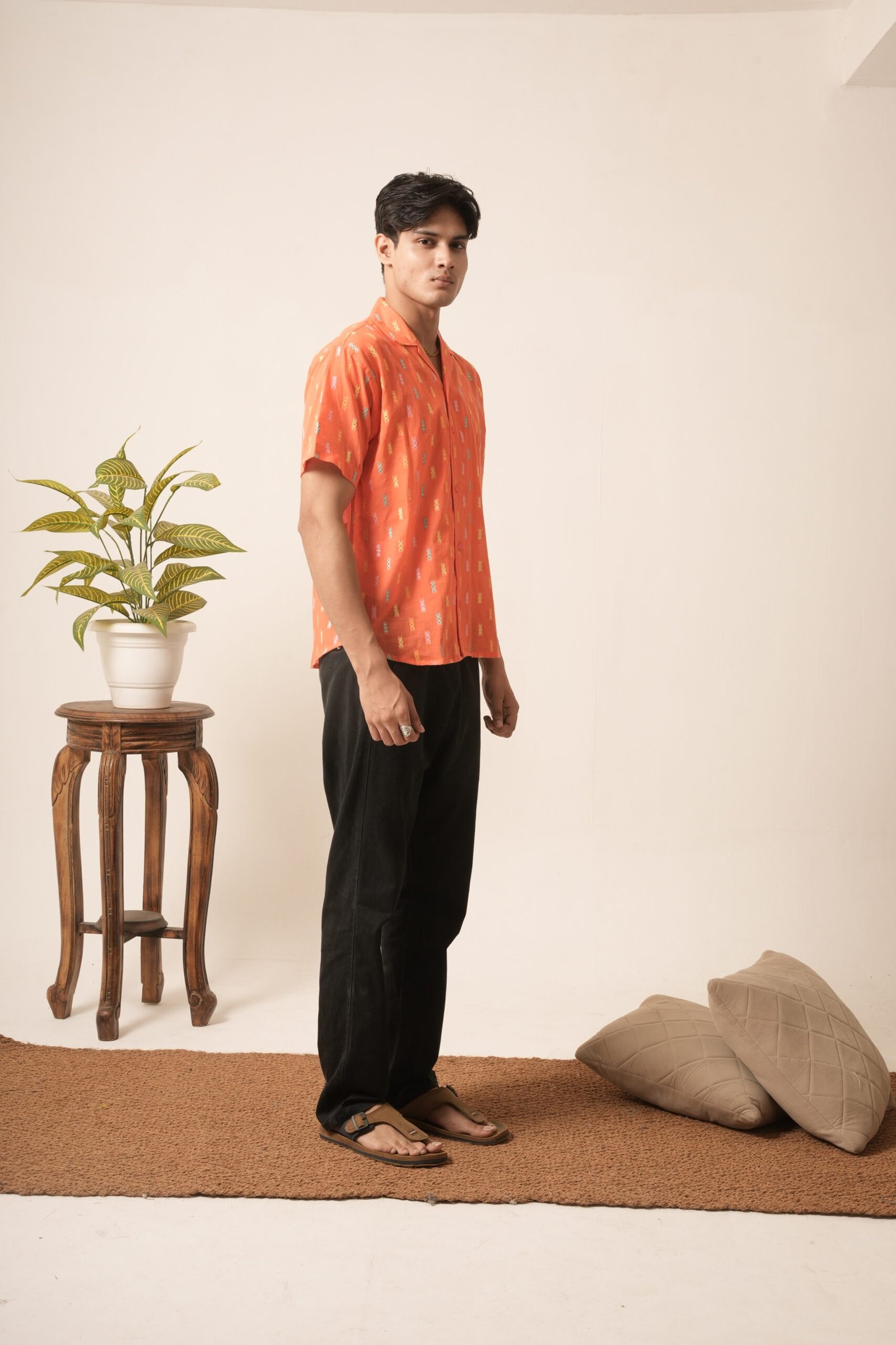 Men's Cotton Oversized Embroidery Shirt (Orange) - Image 2