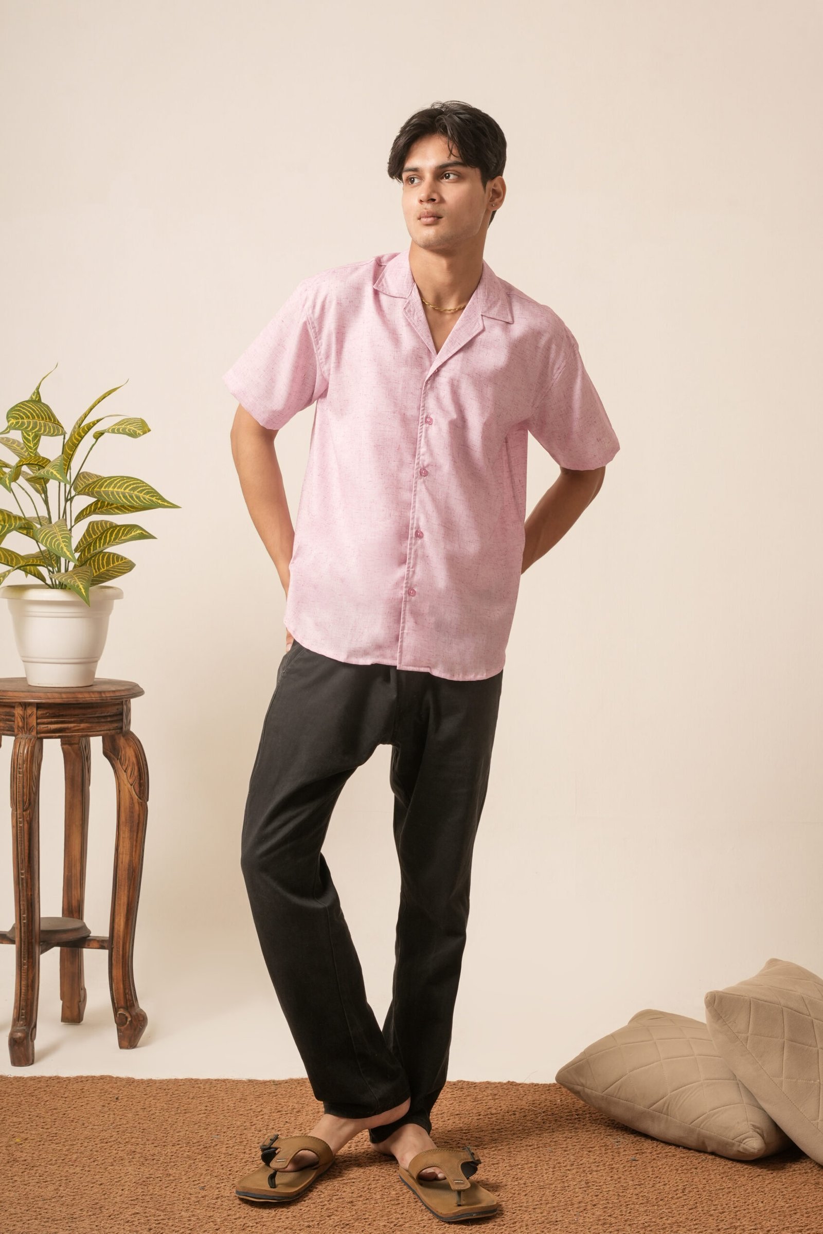 Men's Linen Oversized Plain Shirt (Light Pink) - Image 2