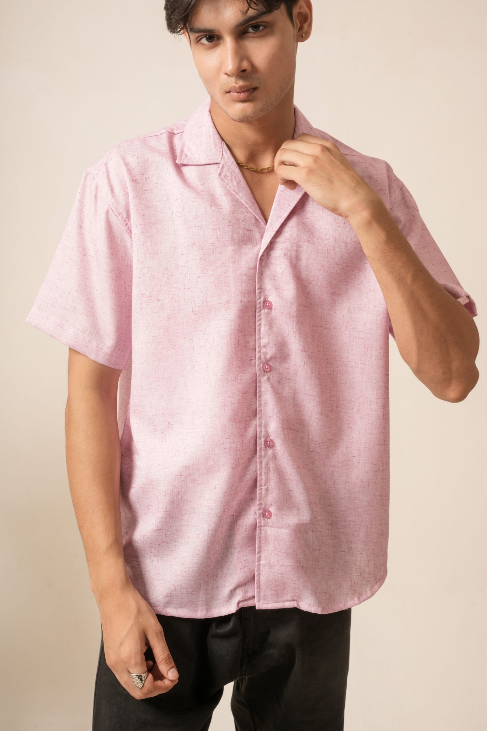 Men's Linen Oversized Plain Shirt (Light Pink) - Image 4