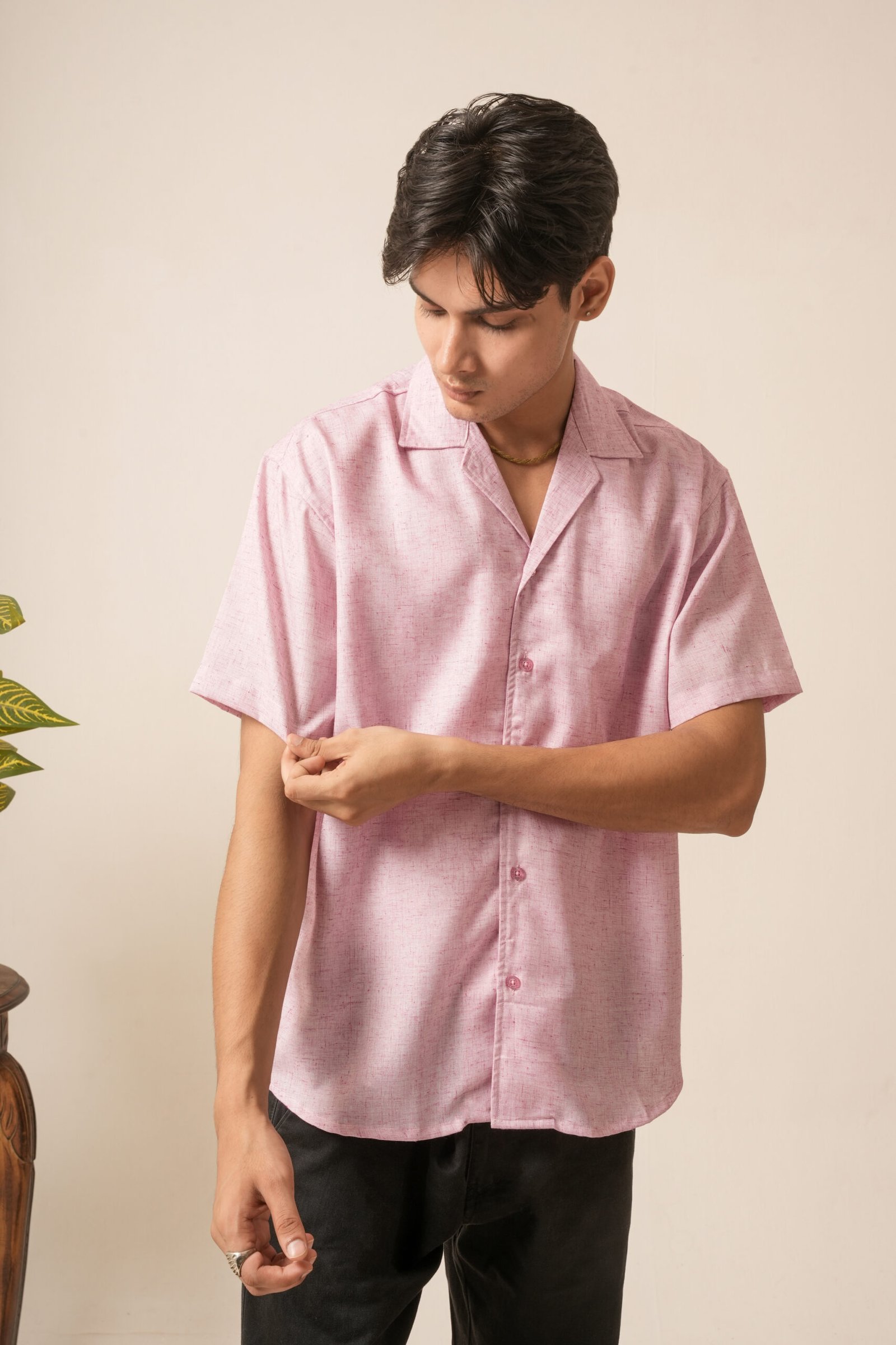 Men's Linen Oversized Plain Shirt (Light Pink) - Image 5