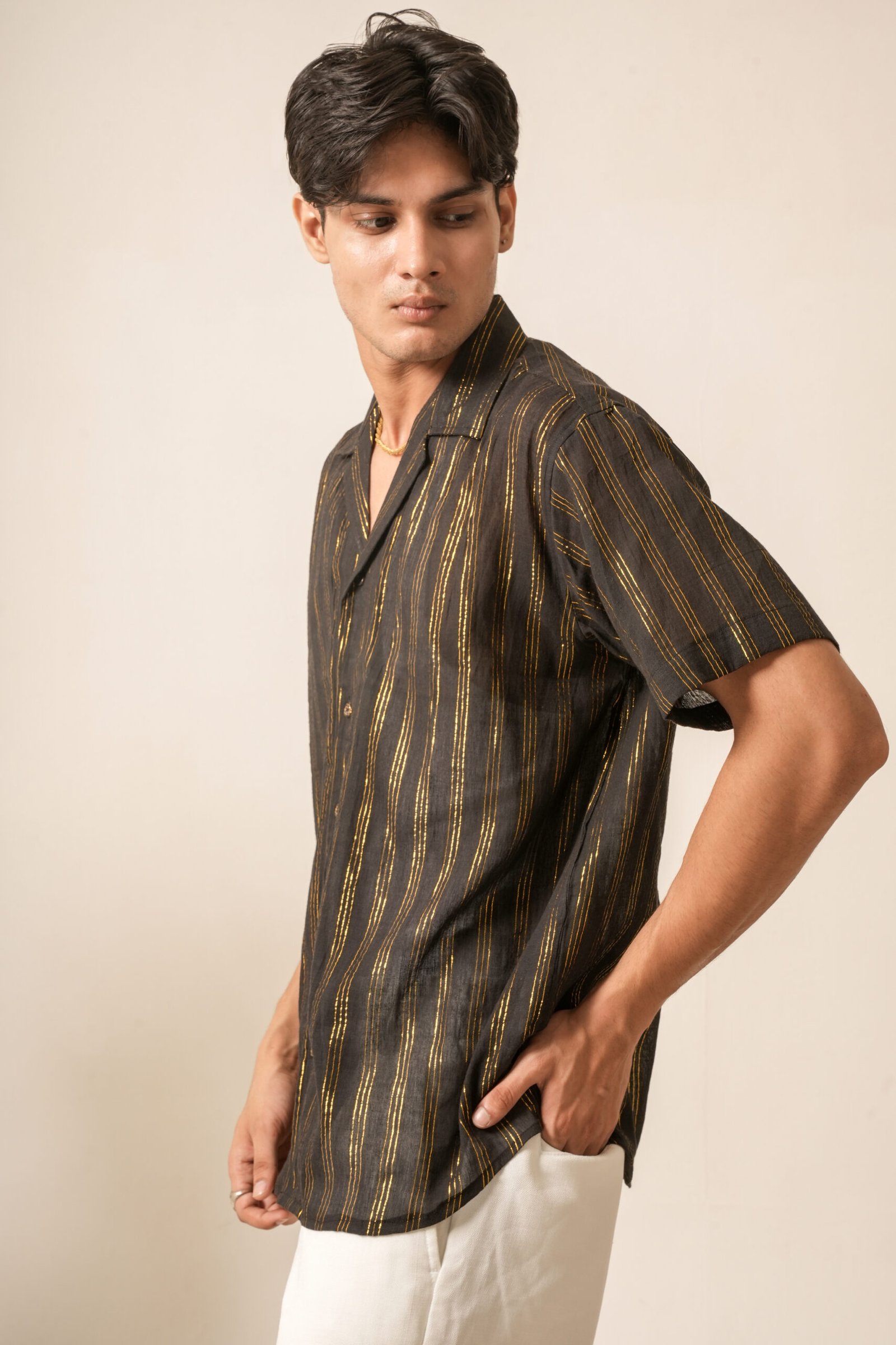 Men's Cotton-Lurex Oversized Designer Shirt (Black / Gold) - Image 2