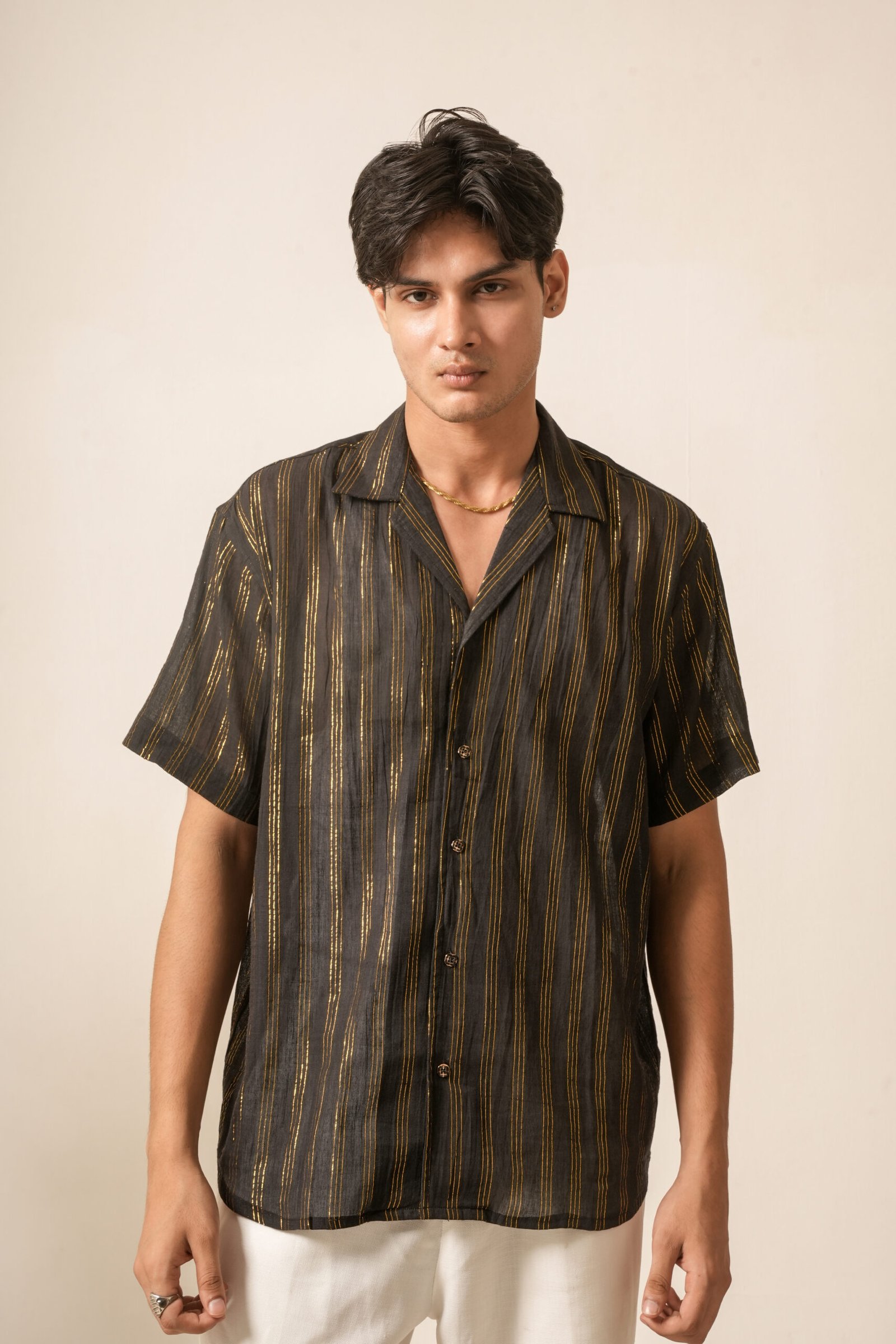 Men's Cotton-Lurex Oversized Designer Shirt (Black / Gold)
