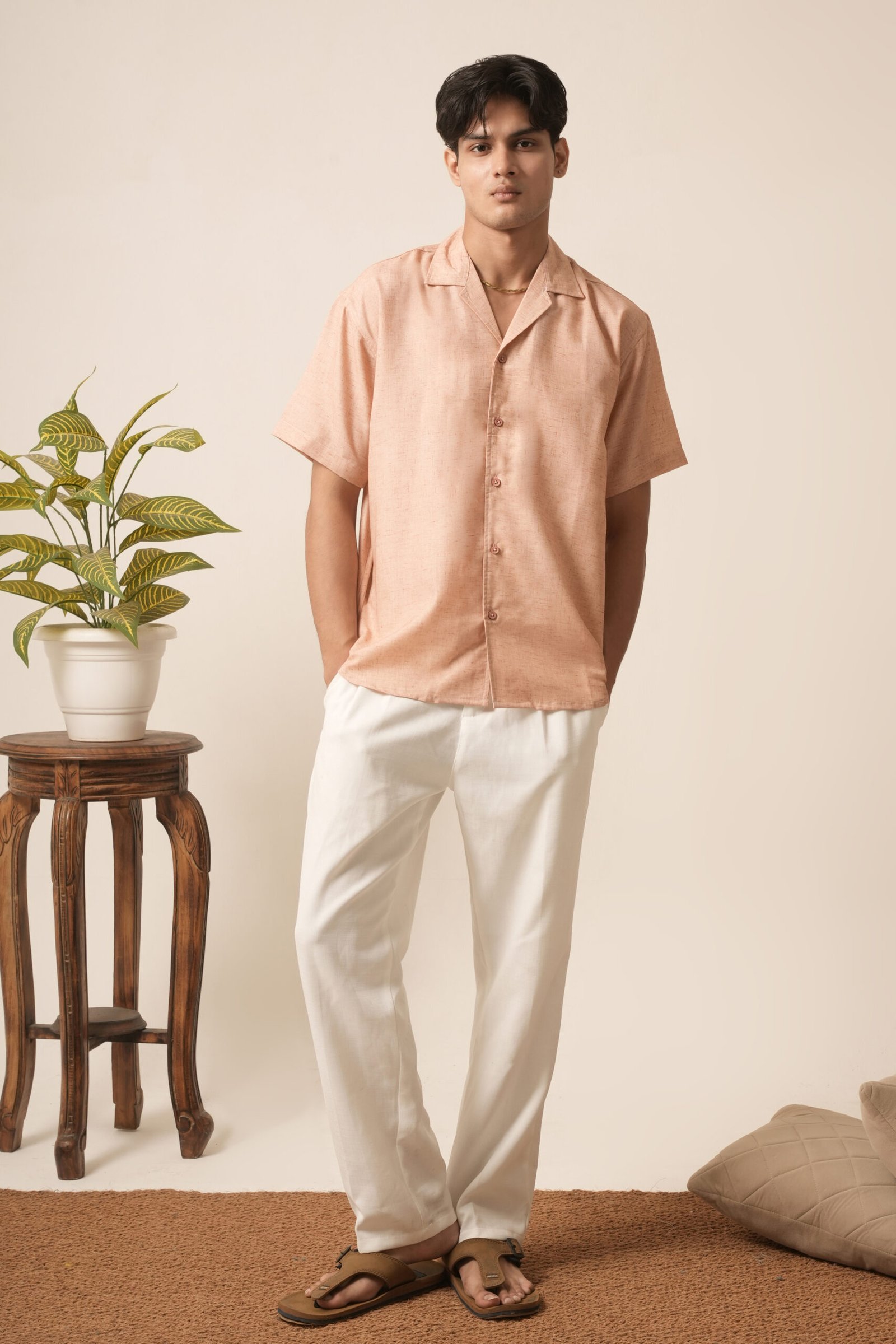 Men's Linen Oversized Plain Shirt (Light Peach)