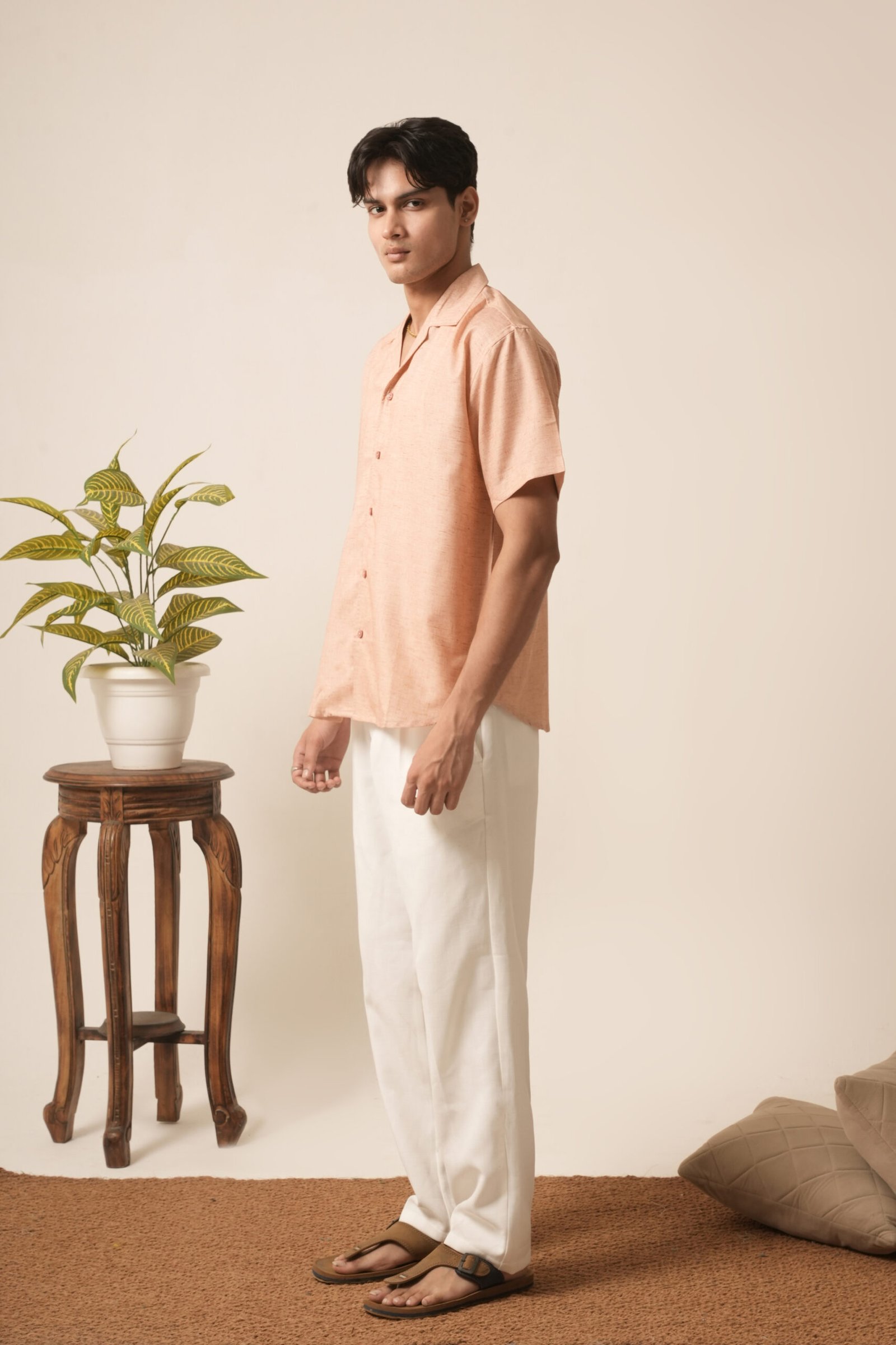 Men's Linen Oversized Plain Shirt (Light Peach) - Image 5