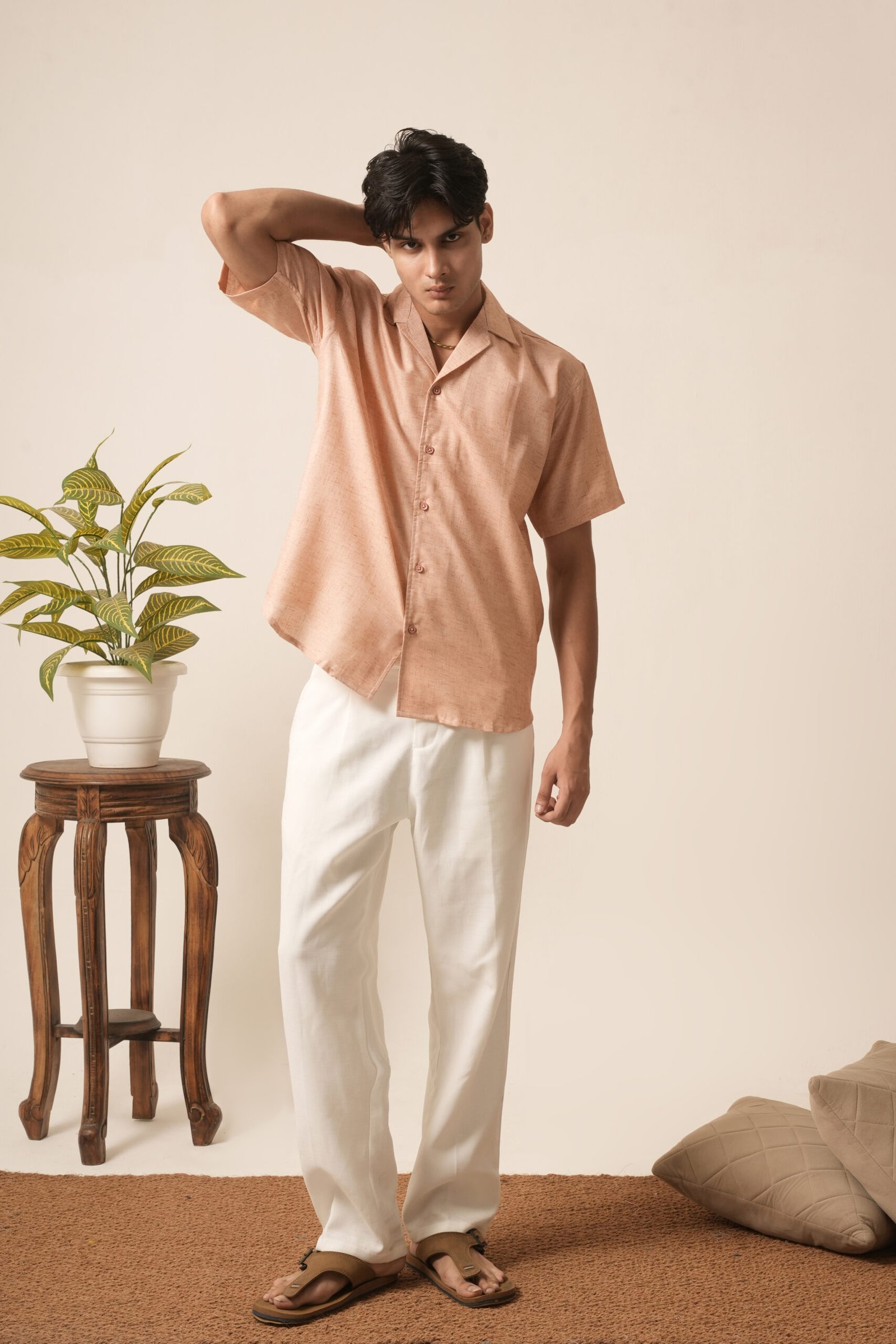Men's Linen Oversized Plain Shirt (Light Peach) - Image 4