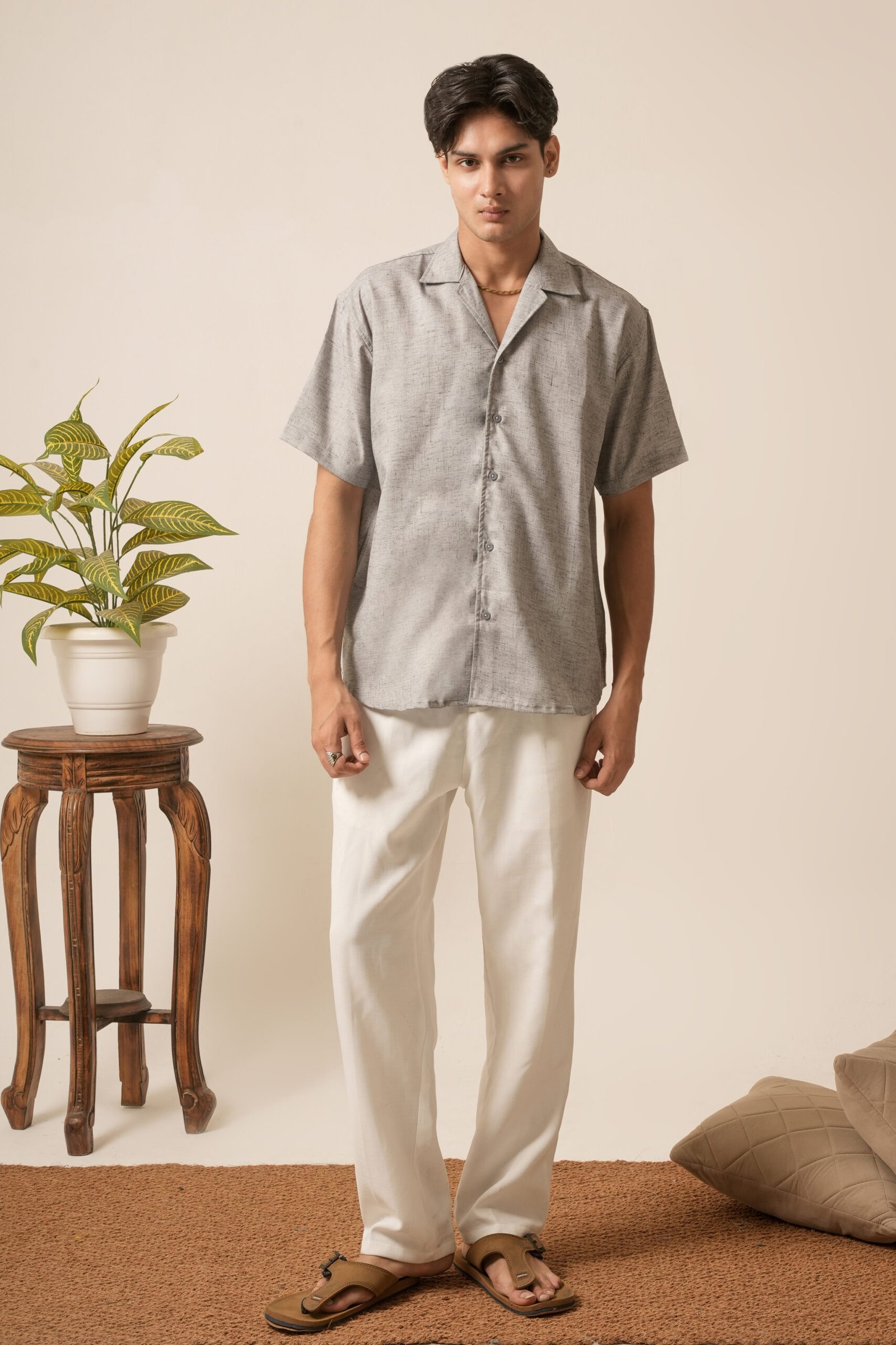 Men's Linen Oversized Plain Shirt (Platinum Grey) - Image 3