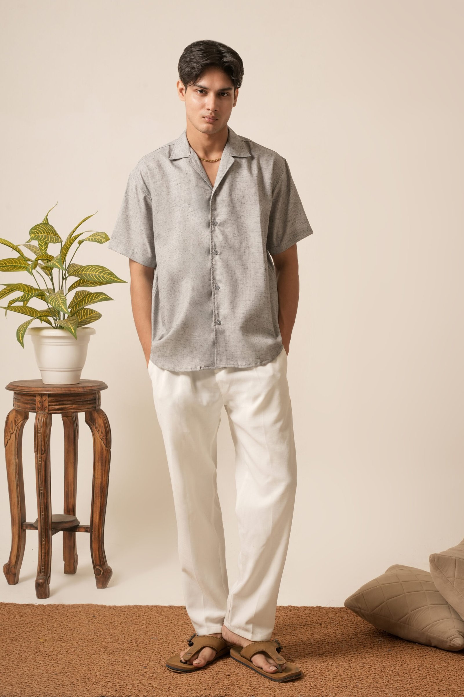 Men's Linen Oversized Plain Shirt (Platinum Grey)