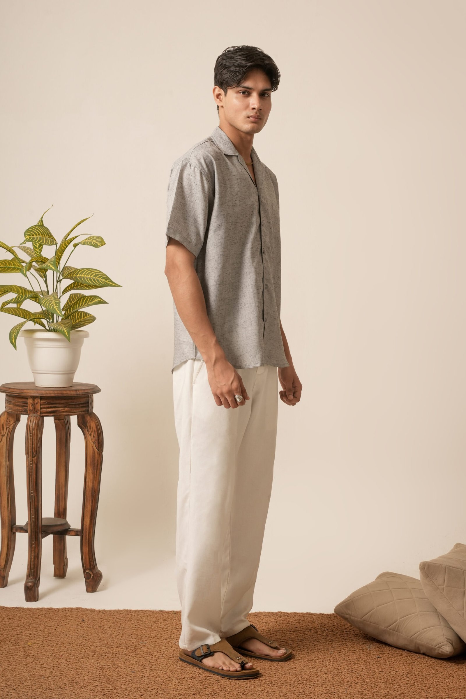 Men's Linen Oversized Plain Shirt (Platinum Grey) - Image 5
